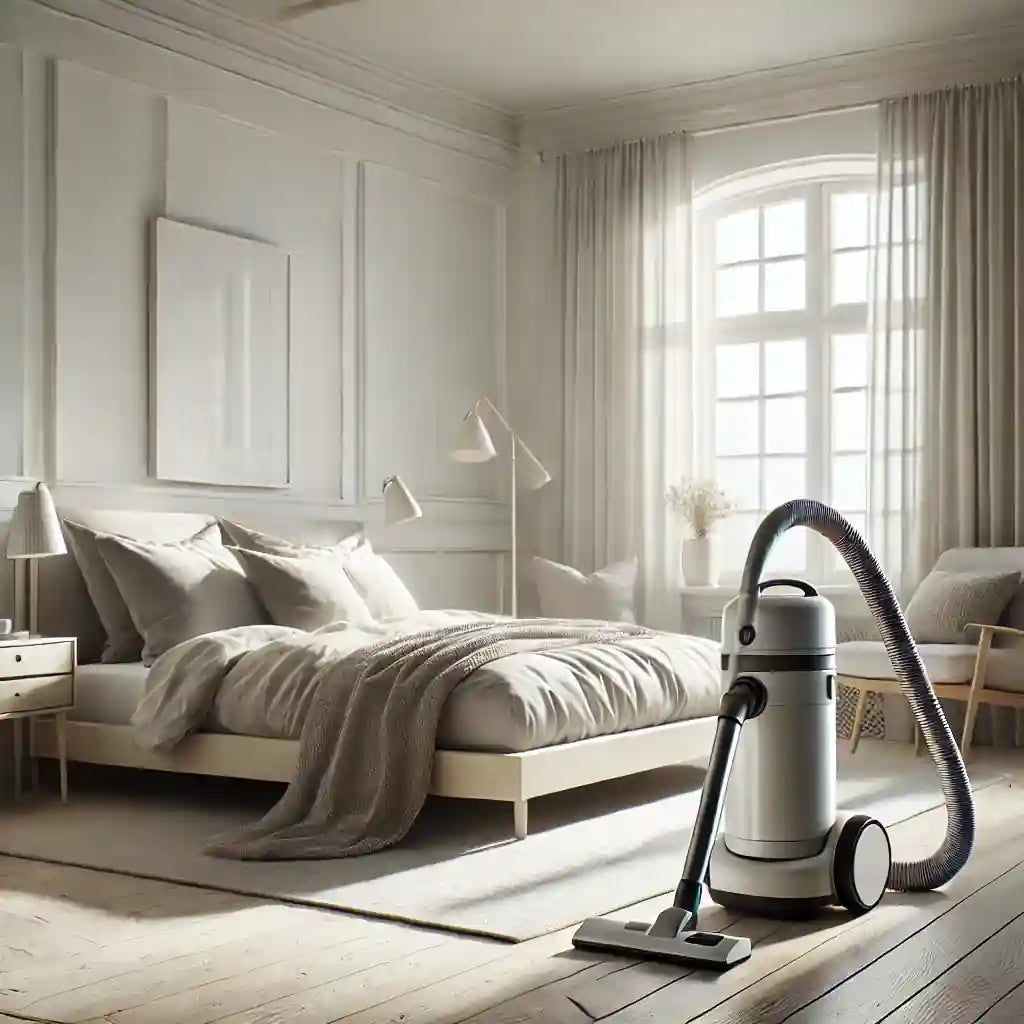 Allergivenligt hjem med støvsuger mod støvmider ved seng og madras i skandinavisk, ren stue med naturligt lys.