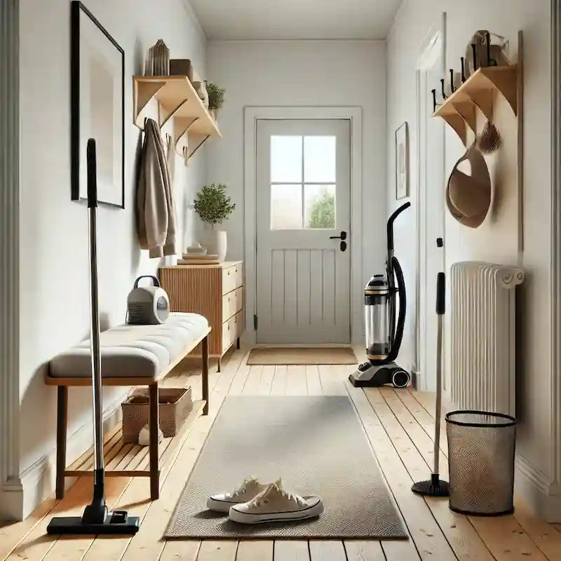 Støvfri stue med rengøringsudstyr, der bekæmper allergener og skaber et sundt, allergivenligt hjem.