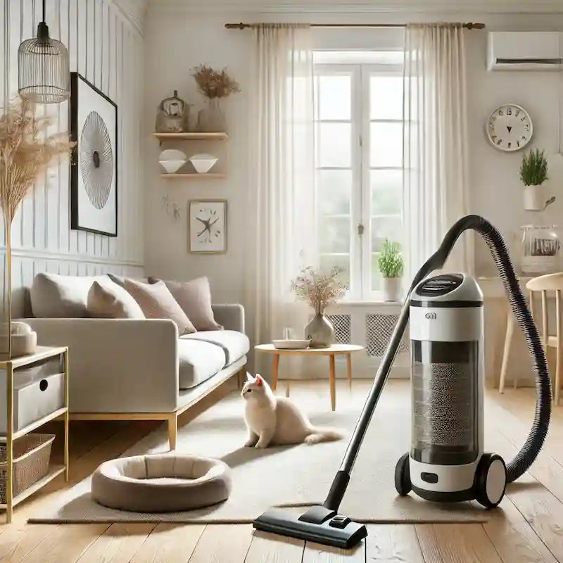 Støvfri stue med luftrenser og hundeseng – allergivenlige løsninger til et sundt hjem med kæledyr og støvallergi.