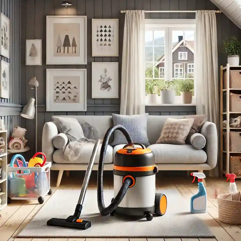 Stue med allergivenligt interiør, børnevenlige rengøringsmidler og HEPA-støvsuger – ideelt for familier med allergibørn.