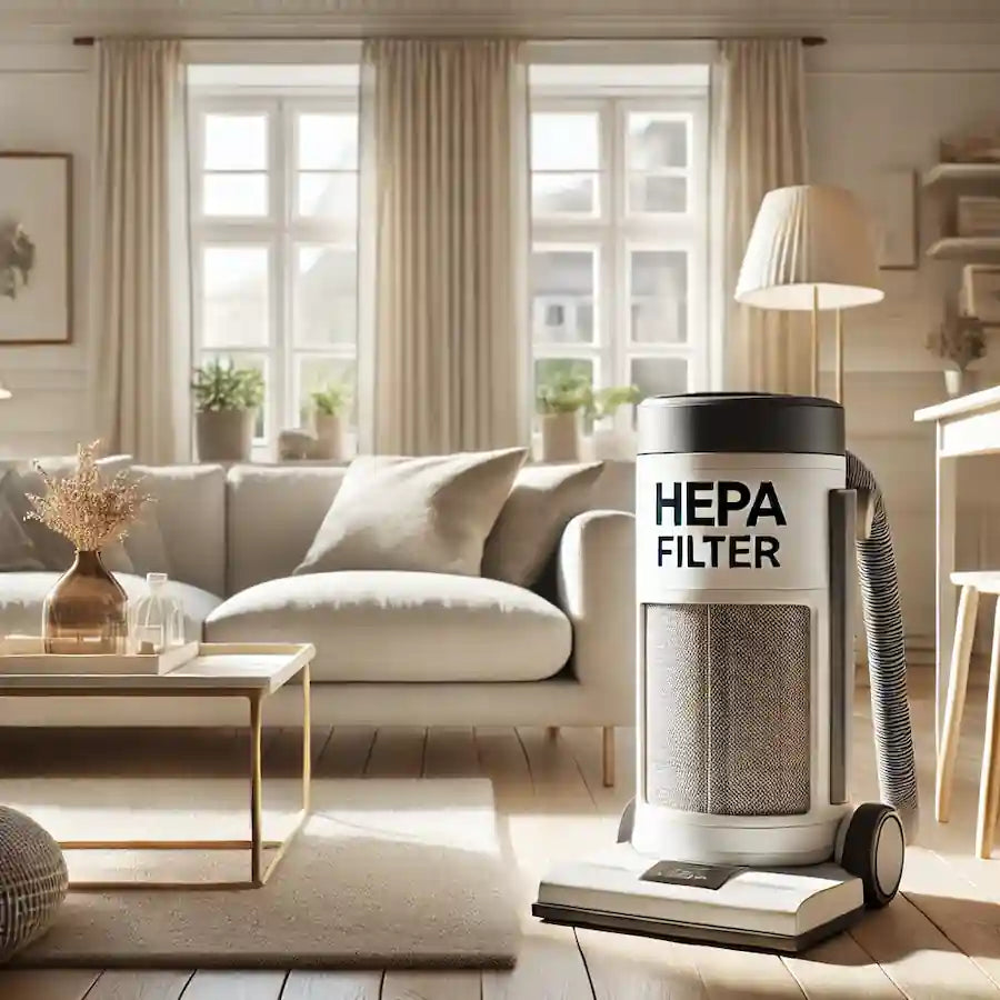 Stue med støvsuger med HEPA-filter og støvfrie overflader – effektiv løsning mod støv i allergivenligt hjem.