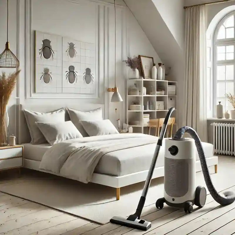 Soveværelse med støvsuger og allergivenligt sengetøj – daglig rutine mod støvmider i et sundt, støvfrit hjem.