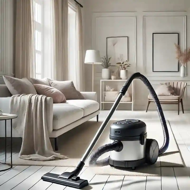 Stue med støvsuger på sofa – effektiv støvsugning af møbler til fjernelse af støvmider og allergiforebyggelse.