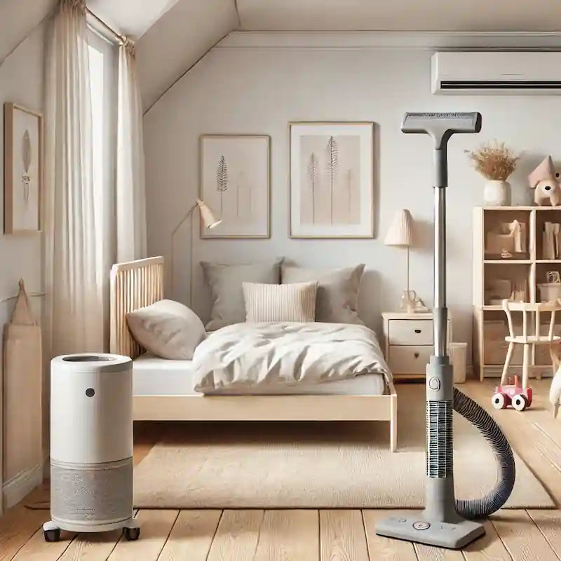 Børneværelse med allergivenligt sengetøj, opbevaring og luftrenser – et sundt og støvfrit miljø for børn.