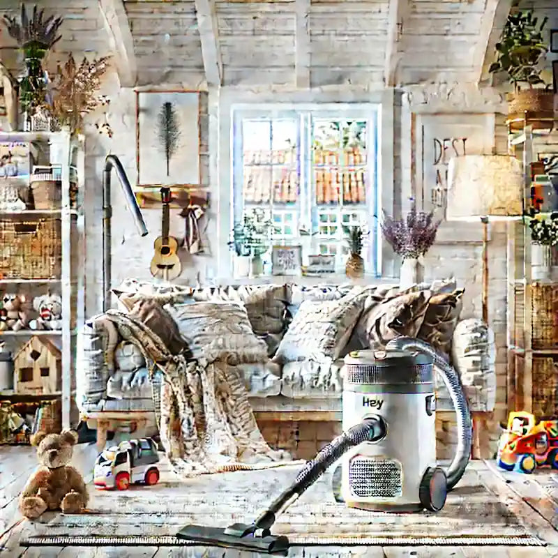 Familievenlig stue med HEPA-støvsuger, luftrenser og legetøjsopbevaring – praktiske tips mod støvallergi i hverdagen.