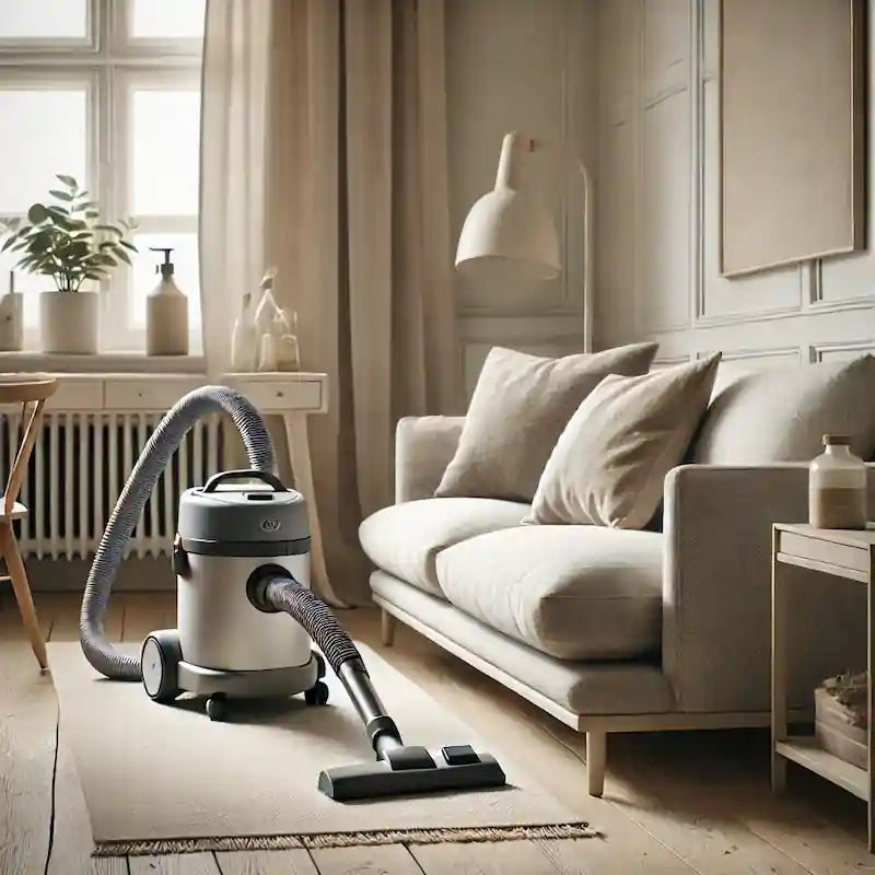 Stue med støvsuger ved stofsofa og naturlige rengøringsmidler – effektiv rengøring af møbler for et allergivenligt hjem.