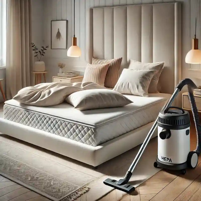Soveværelse med støvsuger ved ren madras – synlige resultater af støvsugning mod støvmider i et allergivenligt miljø.