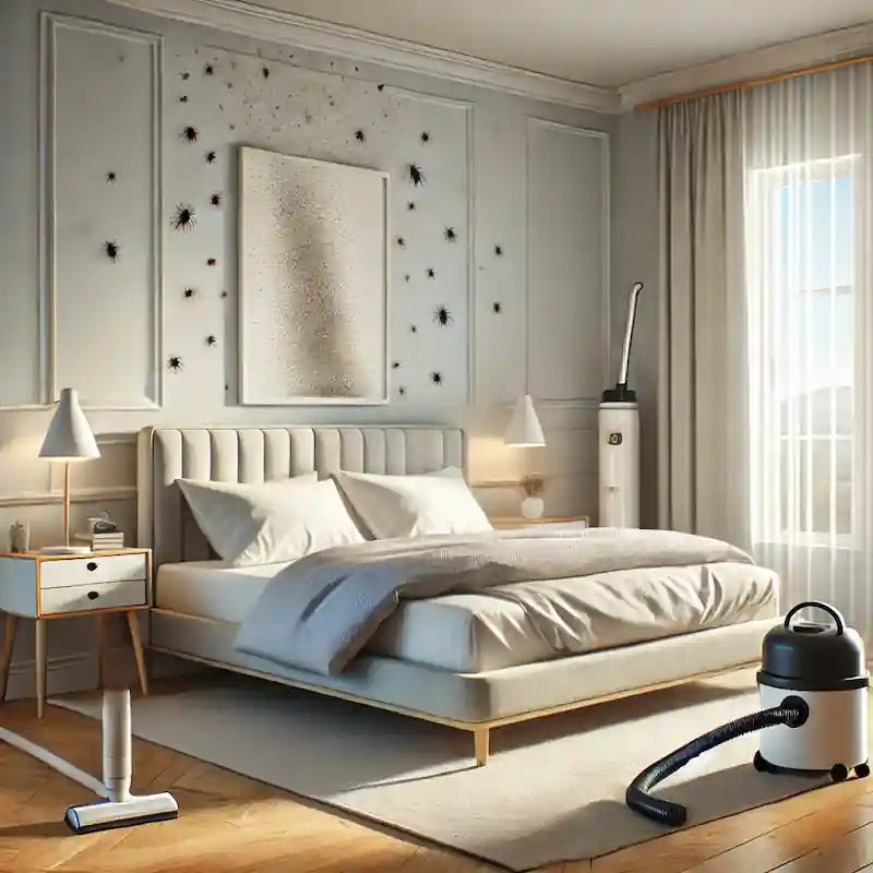 Soveværelse med allergivenligt sengetøj, støvsuger og luftrenser – støvmider kan påvirke søvn og indeklima.