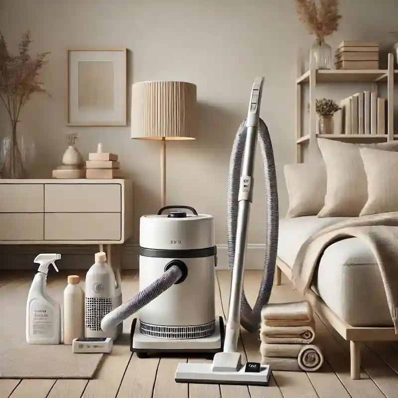 Støvfrit hjem med HEPA-støvsuger, luftrenser og naturlige rengøringsmidler – ideelt for støvallergikere.