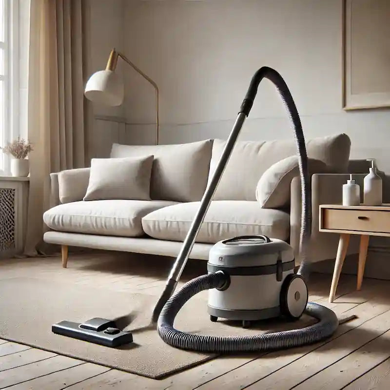 Stue med realistisk støvsuger ved sofa og antibakterielle midler – effektiv rengøring af stofmøbler mod bakterier.