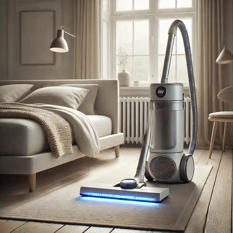 Støvsuger med UV-lys ved sofa – ren luft og hygiejnisk hjem med avanceret teknologi til forbedret indendørsluftkvalitet.