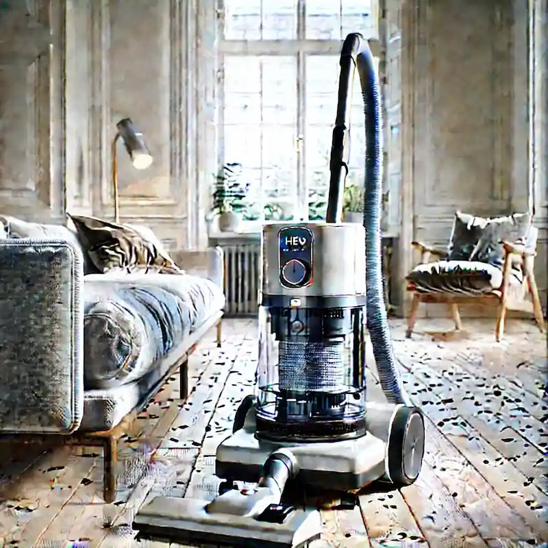 Stue med støvsuger med UV-lys og HEPA-filter – effektiv mod støv og allergener i et allergivenligt hjem.