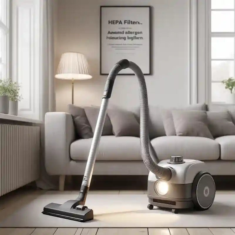 Stue med støvsuger med UV-lys og HEPA-filter – ekspertråd og erfaringer med allergivenlig rengøring i hjemmet.