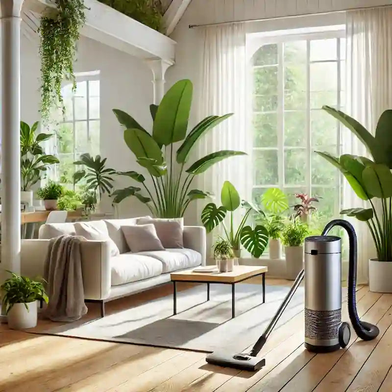 Allergivenlig skandinavisk stue med luftrenser, støvsuger, trægulve og grønne planter – et støvfrit hjem med fokus på indeklima og reduktion af støvallergi.