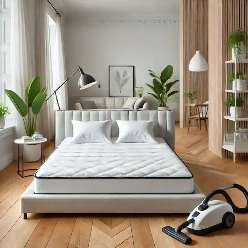 Renset madras med allergibeskyttelse i skandinavisk soveværelse med trægulv, damprenser og naturligt lys – ideel løsning til et allergifrit og sundt hjem.