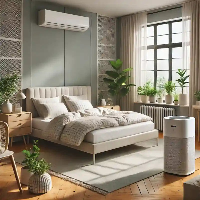 Optimalt sengeklima i skandinavisk soveværelse med allergivenligt sengetøj, luftrenser med HEPA-filter, planter og god udluftning – designet til sund og støvfri søvn.