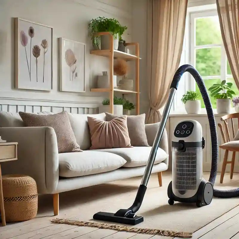 Støvfri stue med allergivenlig støvsuger ved sofa, puder og gardiner – nem rengøring af tekstiler for bedre indeklima i skandinavisk hjem.