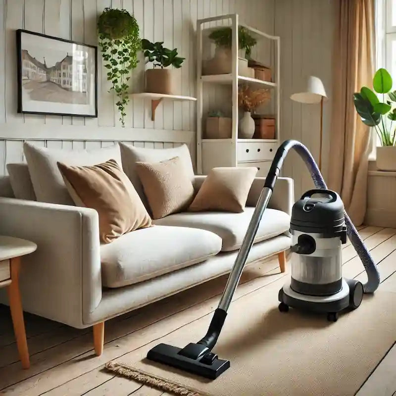 Grundig støvsugning af sofa med allergivenlig støvsuger og løftede puder – professionel rengøring i skandinavisk stue med fokus på støv- og allergifjernelse.