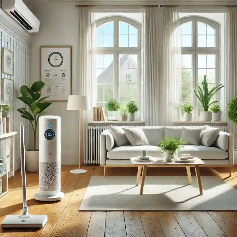 Skandinavisk stue med luftrenser, åbne vinduer, planter og HEPA-støvsuger – tips til et rent og sundt indeklima med fokus på ventilation og allergifri rengøring.