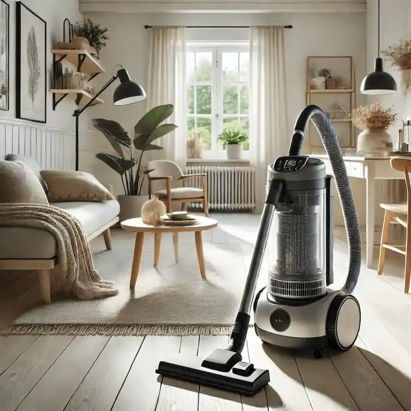 Moderne støvsuger med HEPA-filter i skandinavisk stue – effektiv rengøring for et rent og allergivenligt hjem.