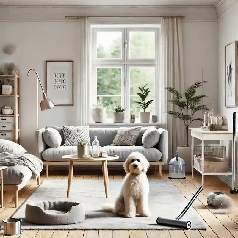 Støvfri stue med hundeseng og støvsuger – allergivenlig rengøring i hjem med hund for bedre indeklima.