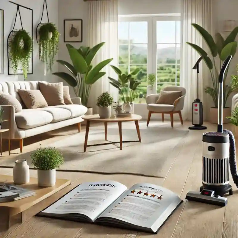 Skandinavisk stue med allergivenlig rengøring, støvsuger med HEPA-filter og åben bog med kundehistorier – rent, støvfrit hjem med fokus på sundt indeklima.